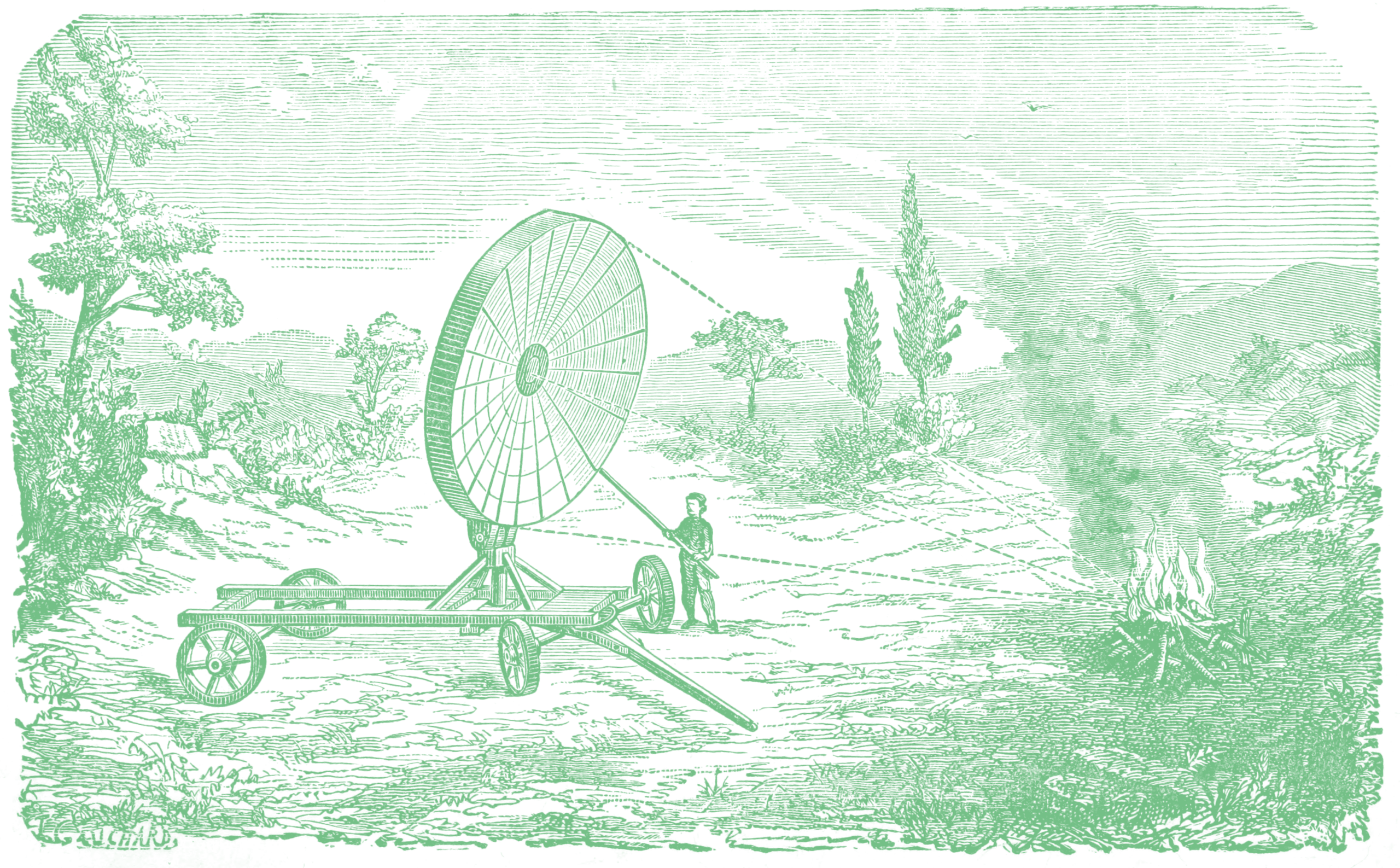 a line drawing of a gigantic lens on wheels outside