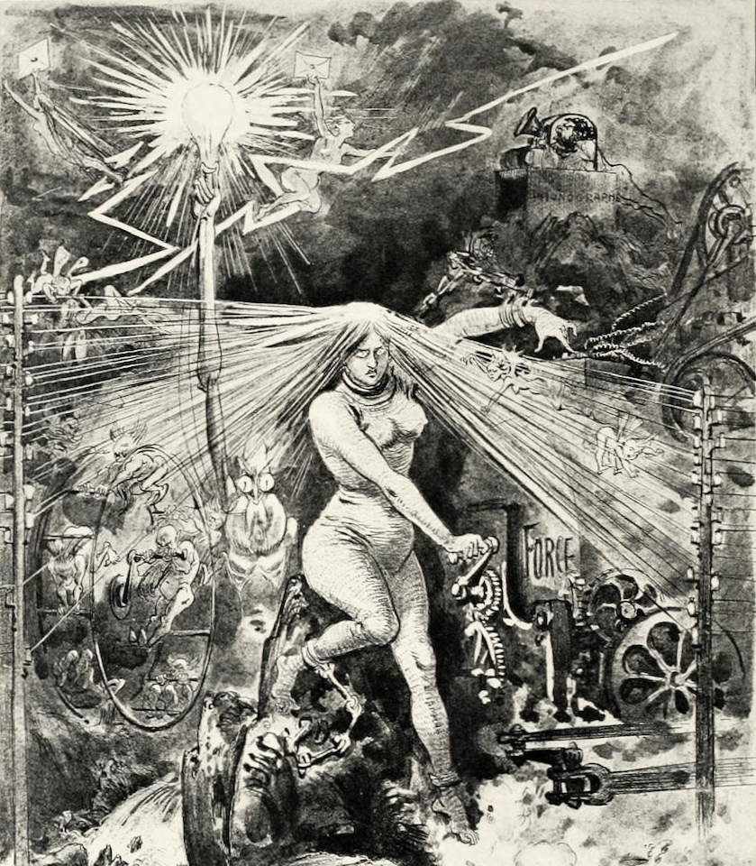 electricity depicted as a naked woman who is powering machines